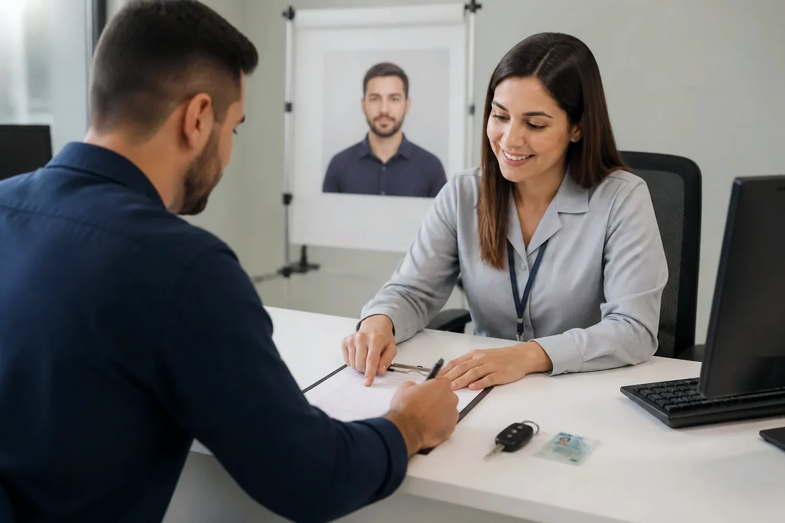 Despachante ajudando cliente com renovação da CNH.