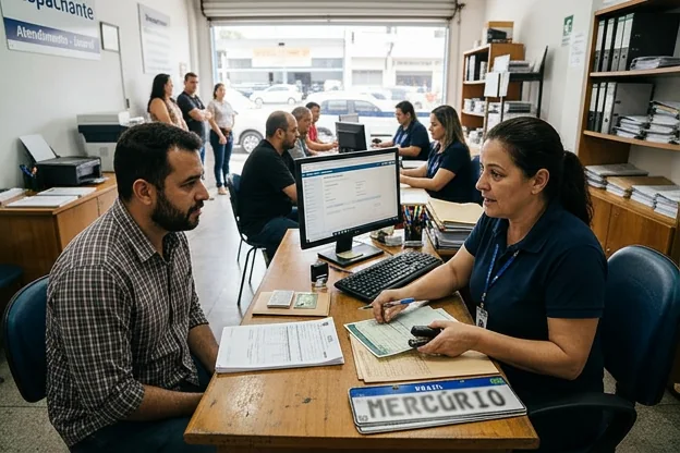 Despachante ajudando cliente na transferência de veículo com documentação em mãos.