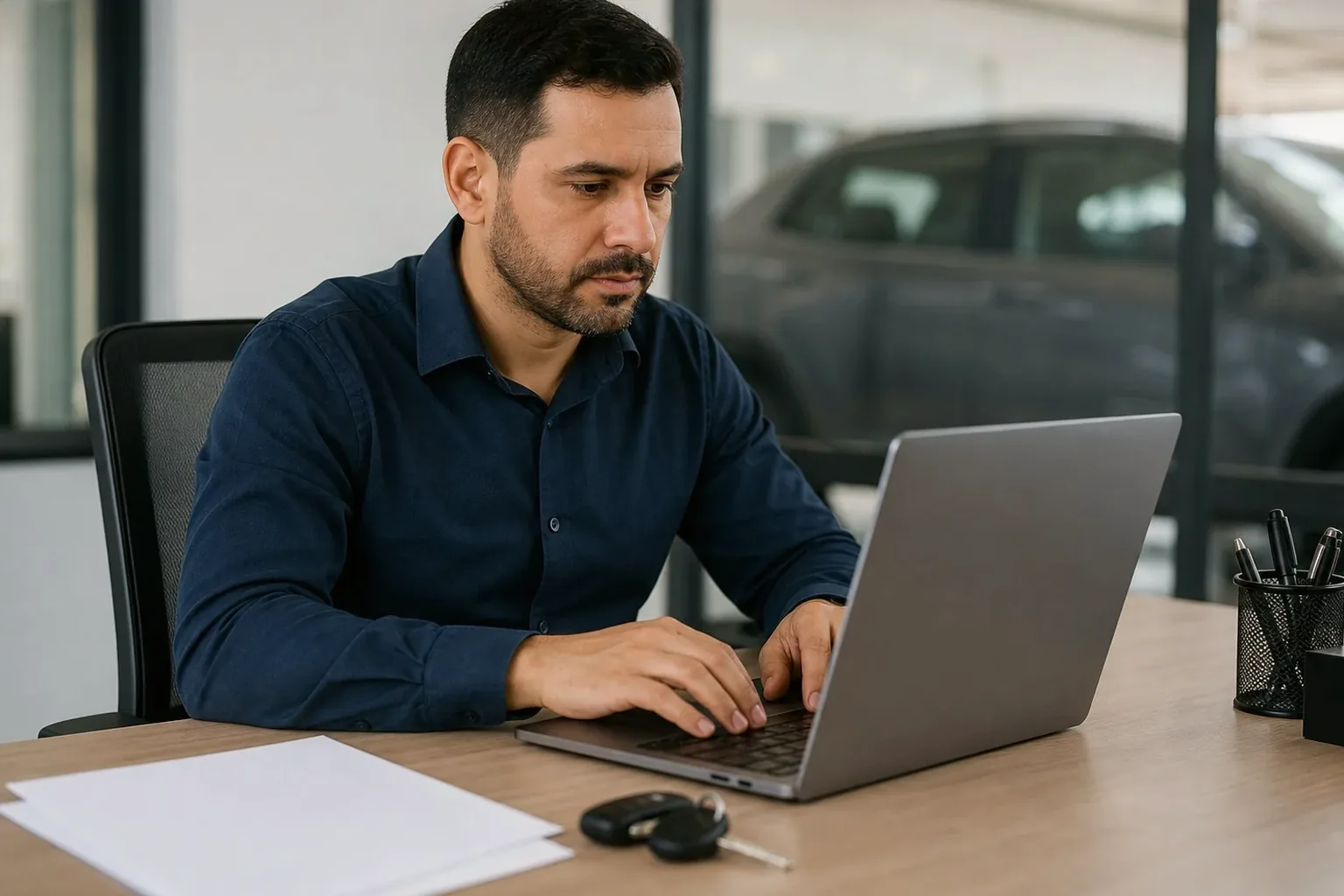 Despachante completando ATPV-e com atendimento ao cliente.