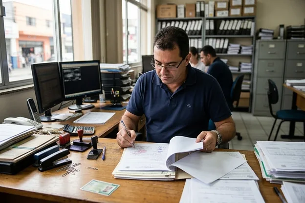 Despachante revisando documentos para emplacamento de veículo.
